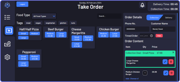 Point of sale take order screen